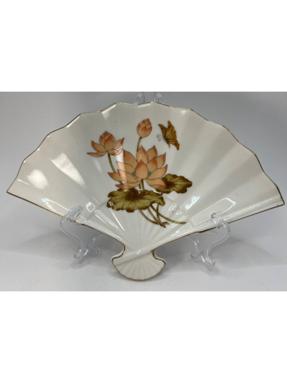 Fan-Shaped Porcelain Dish With Lotus & Butterfly Design Gold Trim Made In Japan